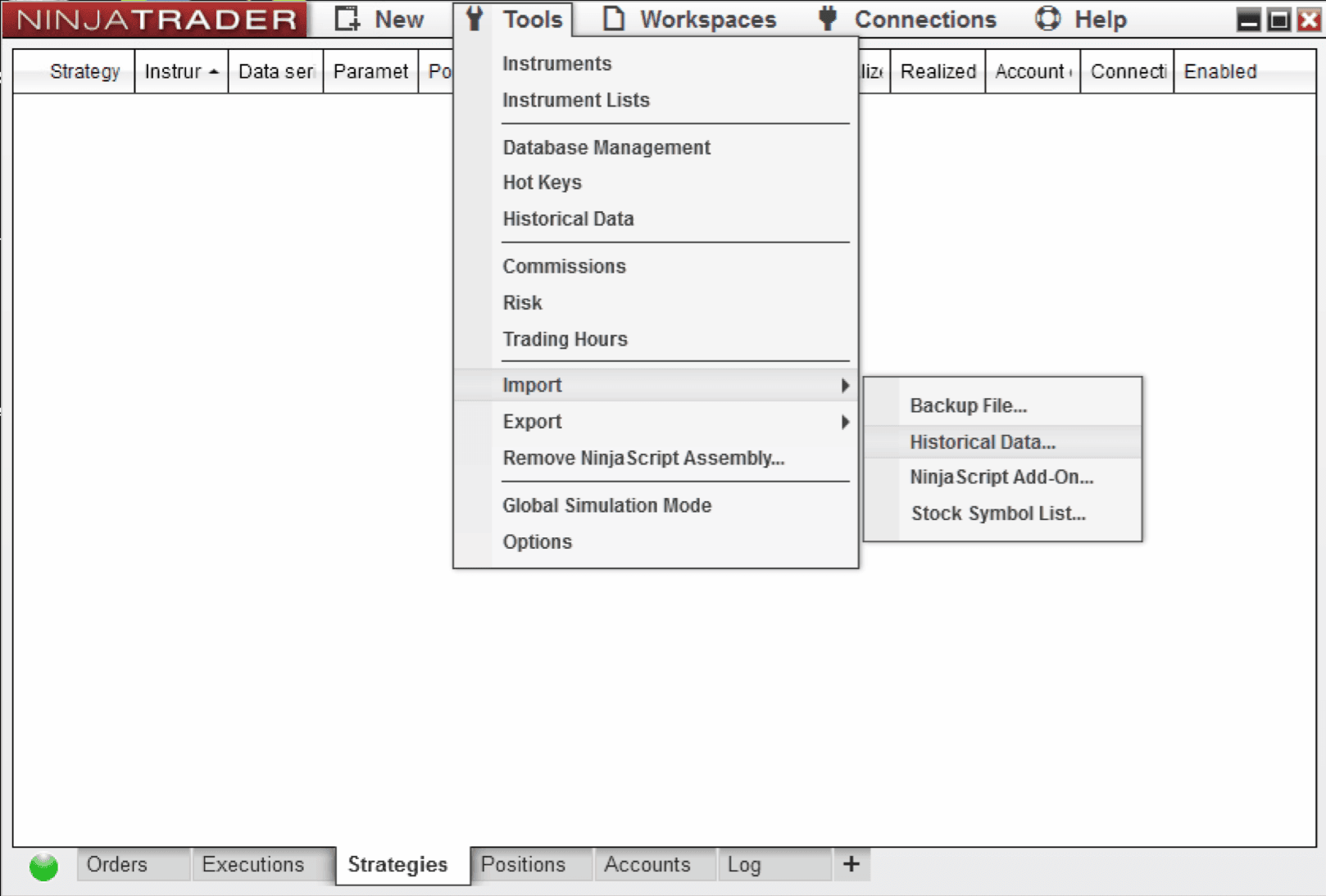 Step 2: open Import Historical Data in NinjaTrader