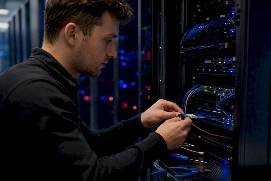 Hands reconnecting data cable in trading data center